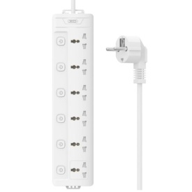 Prelungitor electric XO (WL18) - 6 prize AC cu intrerupator independet, cablu de 2m, WHITE