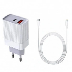 Set Incarcator Fast Charge cu 2 iesiri (type c si USB) pentru iPhone 17, 17 Pro, 16, 15, 14 Pro Max si Cablu de date Tip-C - Lightning