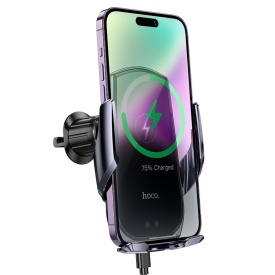 Suport Auto cu incarcare Wireless, Hoco (CA202 Plus) - 15W, montaj Ventilatie, cleme laterale, cablu USB-C, 1m, Infrared, PullClip, Acumulator intern, BLACK/Metall - Img 5