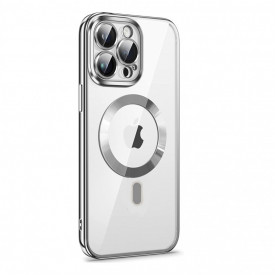 Husa protectie tip MagSafe iPhone 15 Pro Max, transparenta cu margini colorate Argintiu, slim