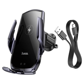 Suport Auto cu incarcare Wireless, Hoco (CA202 Plus) - 15W, montaj Ventilatie, cleme laterale, cablu USB-C, 1m, Infrared, PullClip, Acumulator intern, BLACK/Metall - Img 6