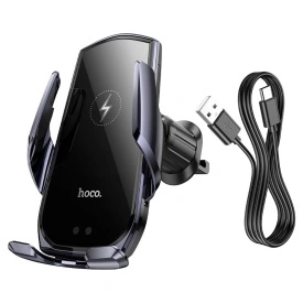 Suport Auto cu incarcare Wireless, Hoco (CA202 Plus) - 15W, montaj Ventilatie, cleme laterale, cablu USB-C, 1m, Infrared, PullClip, Acumulator intern, BLACK/Metall - Img 6