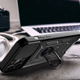 Husa antisoc Armor, compatibila cu iPhone 15 Pro Max, silicon si plastic, magnet inclus, inel prindere, stand pentru filme, Camera Slide, Negru - Img 3