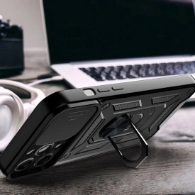 Husa antisoc Armor, compatibila cu iPhone 15, silicon si plastic, magnet inclus, inel prindere, stand pentru filme, Camera Slide, Negru - Img 3