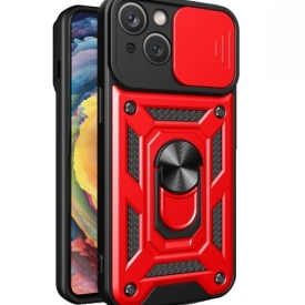 Husa antisoc Armor, compatibila cu iPhone 15, silicon si plastic, magnet inclus, inel prindere, stand pentru filme, Camera Slide, Rosu