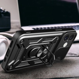 Husa antisoc Armor, compatibila cu iPhone 16, silicon si plastic, magnet inclus, inel prindere, stand pentru filme, Camera Slide, Negru - Img 5