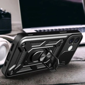 Husa antisoc Armor, compatibila cu iPhone 16, silicon si plastic, magnet inclus, inel prindere, stand pentru filme, Camera Slide, Negru - Img 5