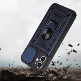 Husa antisoc Armor, compatibila cu iPhone 16, silicon si plastic, magnet inclus, inel prindere, stand pentru filme, Camera Slide, Bleumarin - Img 3