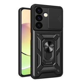 Husa antisoc Armor, compatibila cu Samsung Galaxy S24 FE, silicon si plastic, magnet inclus, inel prindere, stand pentru filme, Camera Slide, Negru