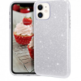 Husa iPhone 11 ultra slim din silicon, cu 3 straturi protective, Fashion, cu sclipici Glitter, Argintiu
