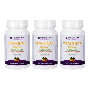 Pachet 3x Vitamina C 1000 mg + Bioflavonoide + Pudră de măceșe,30 comprimate
