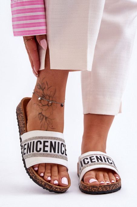 Дамски чехли с кристали Be Nice SH26493 - бели