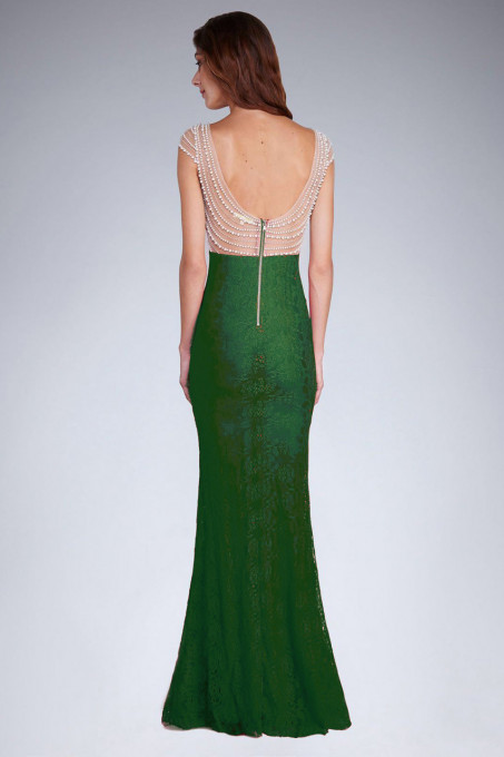 Екстравагантна рокля тип русалка, дантела с перли 48004-4