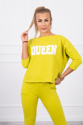 Дамски комплект от блуза с надпис Queen и панталон с връзка на кръста