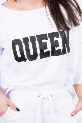 Дамски комплект от блуза с надпис Queen и панталон с връзка на кръста