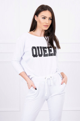 Дамски комплект от блуза с надпис Queen и панталон с връзка на кръста