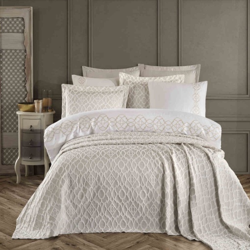 Луксозен спален комплект Dantela Vita Victoria, с кувертюра, 100% памучен сатен, бродерия, 9 части, бежово