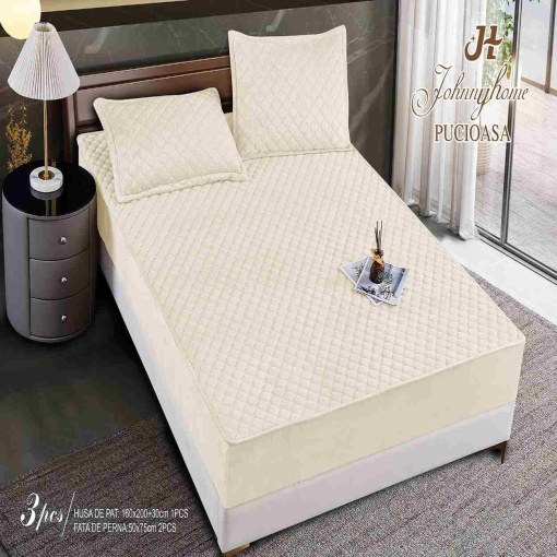 Husa de pat matlasata si 2 fete de perne din catifea, cu elastic, model tip topper, crem, HTM-07