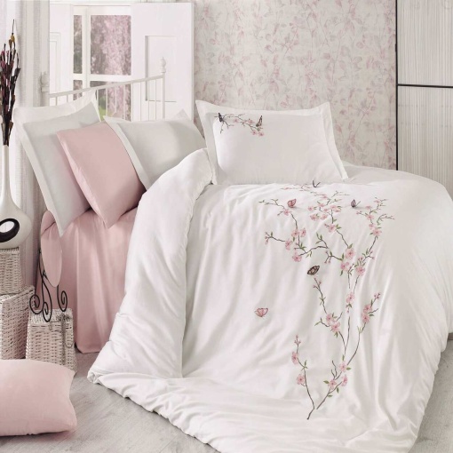 Луксозен спален комплект Dantela Vita Butterfly, с бродерия, 100% памучен сатен, 6 части