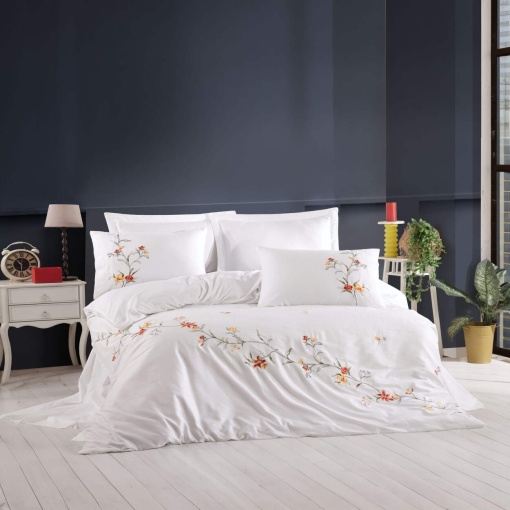 Луксозен спален комплект Dantela Vita Valentina, 100% памучен сатен, с бродерия, 6 части