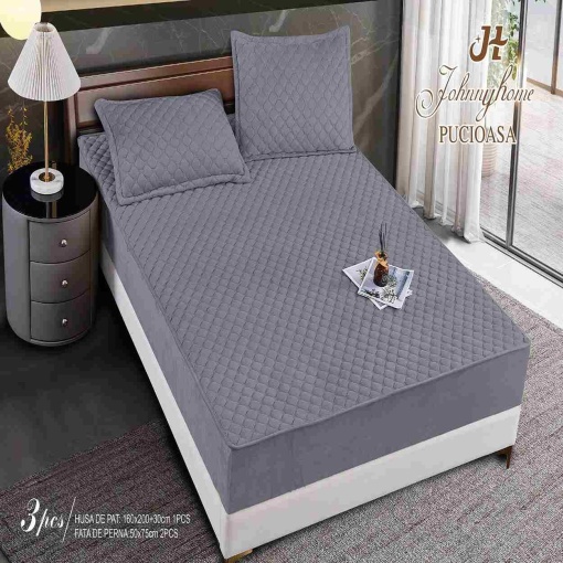 Husa de pat matlasata si 2 fete de perne din catifea, cu elastic, model tip topper, gri, HTM-06
