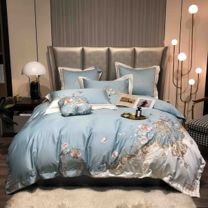Спален комплект JoJo Home, 100% сатениран памук Premium, богата флорална бродерия, 4 части, светлосин
