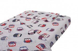 Lenjerie patut bebe, SomnART, cearceaf pat 60x120x10 cu elastic, cearceaf pilota 80x110, perna joasa 20x35, Bufnite Mici - Img 2