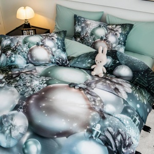 set lenjerie Crăciun imprimeu digital 5D globuri Jojo Home verde mentă