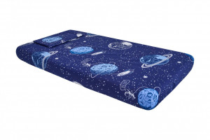 Lenjerie patut bebe, SomnART, cearceaf pat 60x120x10 cu elastic, cearceaf pilota 80x110, perna joasa 20x35, Comete Cosmos - Img 3