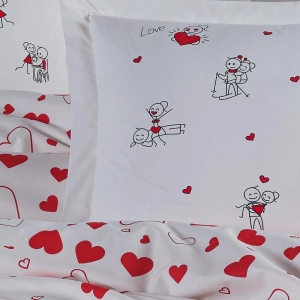 Detaliu față de pernă albă cu personaje grafice și accente roșii Venus Hobby Home