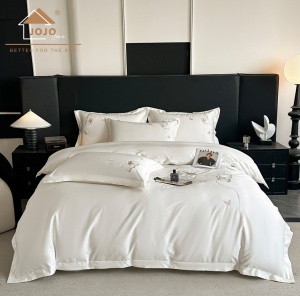 Спален комплект JoJo Home XH50-11, 100% сатениран памук Premium, 4 части, слонова кост с флорална бродерия