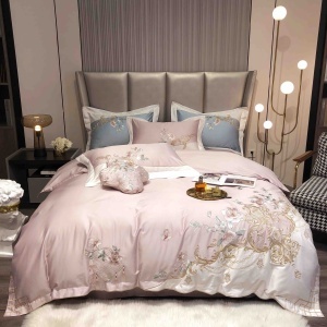 Спален комплект JoJo Home, 100% сатениран памук Premium, богата флорална бродерия, 4 части, пудрово розово