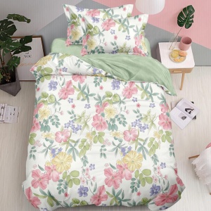 Lenjerie pat 1 persoană finet alb cu imprimeu floral multicolor și verde, husă pilotă cu două fețe