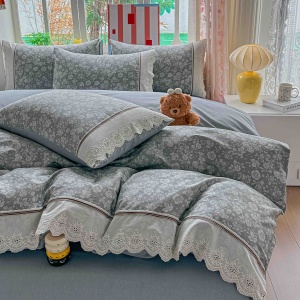 Спално бельо Ranforce 100% памук, сиво с флорален принт и дантела | JoJo Home – продуктова снимка за продуктовата галерия