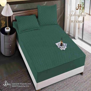 Husa de pat matlasata si 2 fete de perne din catifea, cu elastic, model tip topper, verde, HTM-04 - Img 1