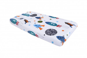 Lenjerie patut bebe, SomnART, cearceaf pat 60x120x10 cu elastic, cearceaf pilota 80x110, perna joasa 20x35, Rachete - Img 3
