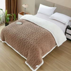 Pătură groasă cu blăniță și fermoar, design 3D tricot, 200x230 cm, maro