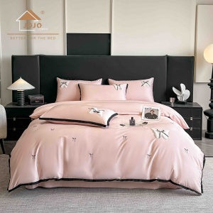 Спален комплект JoJo Home XH50-1, 100% сатениран памук Premium, бродерия пеперуди, 4 части, пудрено розов