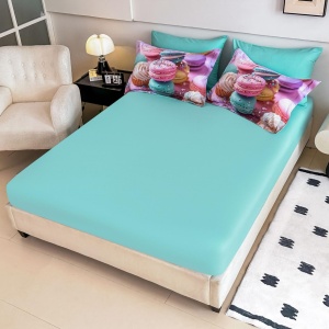 cearceaf de pat cu elastic turcoaz Jojo Home și două perne imprimeu macarons pastel