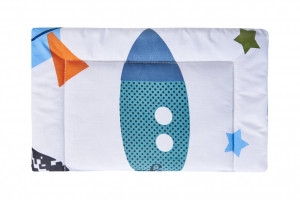 Lenjerie patut bebe, SomnART, cearceaf pat 60x120x10 cu elastic, cearceaf pilota 80x110, perna joasa 20x35, Rachete - Img 4