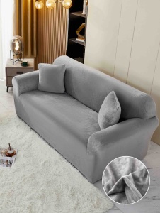 Husă elastică din catifea gri deschis pentru canapea XL 230-280 cm cu brațe