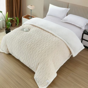 Pătură moale cu blăniță și fermoar, model tricotat 3D elegant, 200x230 cm, ivoire