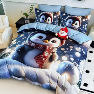 set lenjerie Crăciun imprimeu digital 5D Pinguin Jojo Home bleu