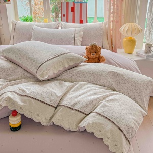 Спално бельо Ranforce 100% памук, пудрено розово с деликатен принт и дантела | JoJo Home – продуктова снимка от продуктовата галерия