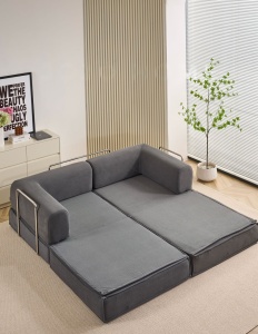 canapea modulara gri antracit aranjata in forma de pat 200x200 cm