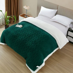 Pătură cu blăniță și fermoar, model embosat 3D modern, 200x230 cm, verde smarald