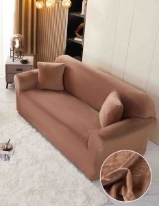 Husă elastică din catifea maro pentru canapea XL 230-280 cm cu brațe