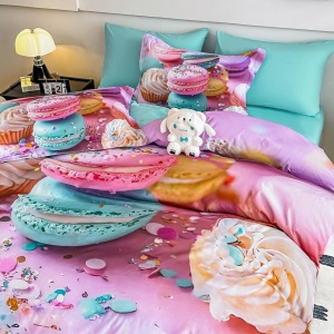 lenjerie pat Jojo Home imprimeu digital 5D macarons colorate și bezele pe fundal roz turcoaz