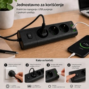 Produžni kabl sa 3 utičnice USB i USB-C priključcima crni PROSTO - Img 3