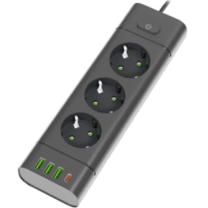Produžni kabl sa 3 utičnice USB i USB-C priključcima crni PROSTO
